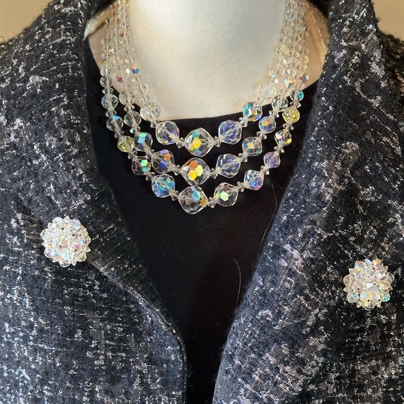 Aurora Borealis 3 Strand Crystal Glass Necklace and matching earrings set - Picture 3 of 7